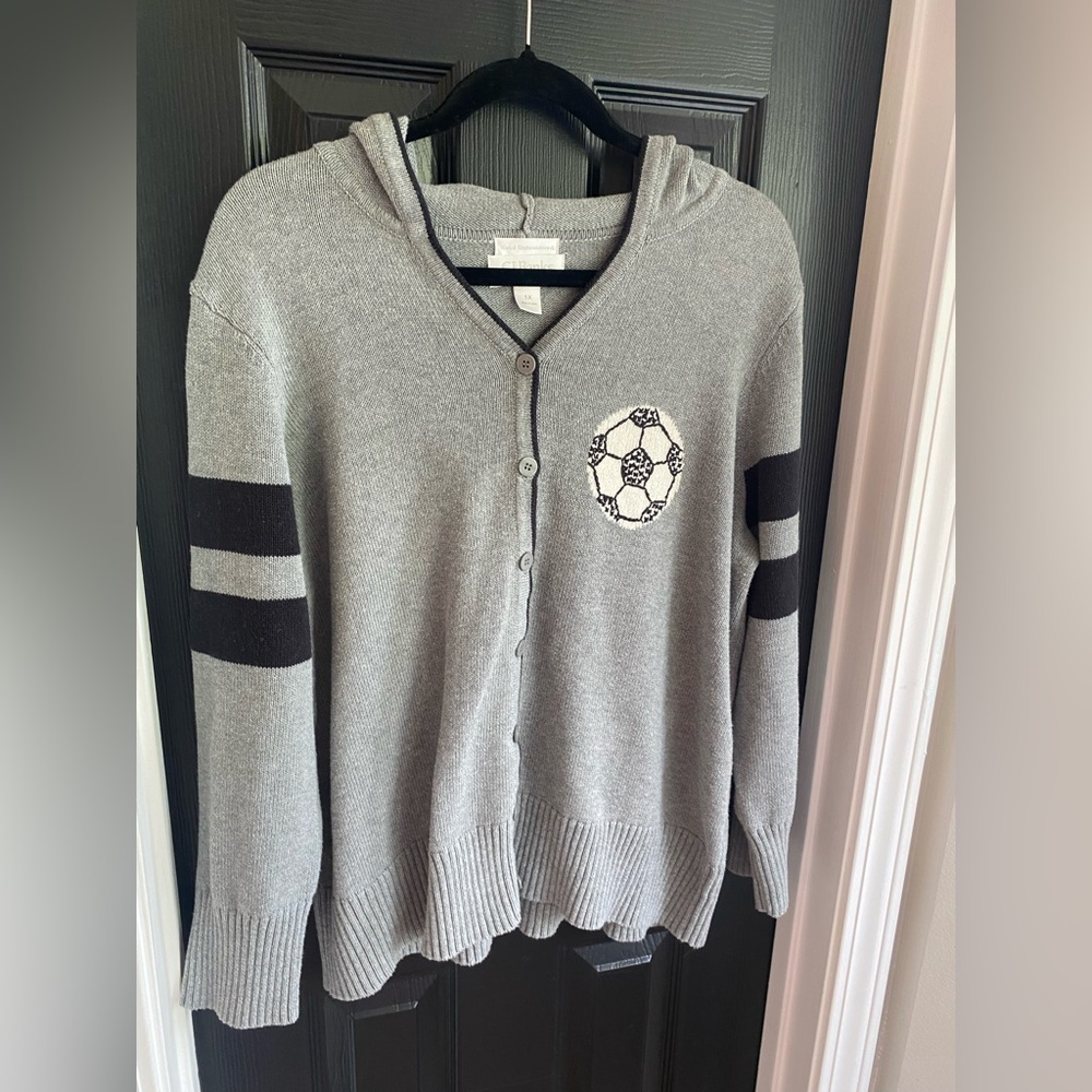 CJ Banks Women's Hand Embroidered Soccer Sweater Cardigan Gray-Size 1X